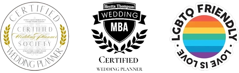 Certified Wedding Planner, MBA Certified Wedding Planner and LGBTQ Friendly badges